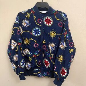Alfred Dunner Vintage Nautical Bomber Jacket Navy Blue Novelty Print Size 10